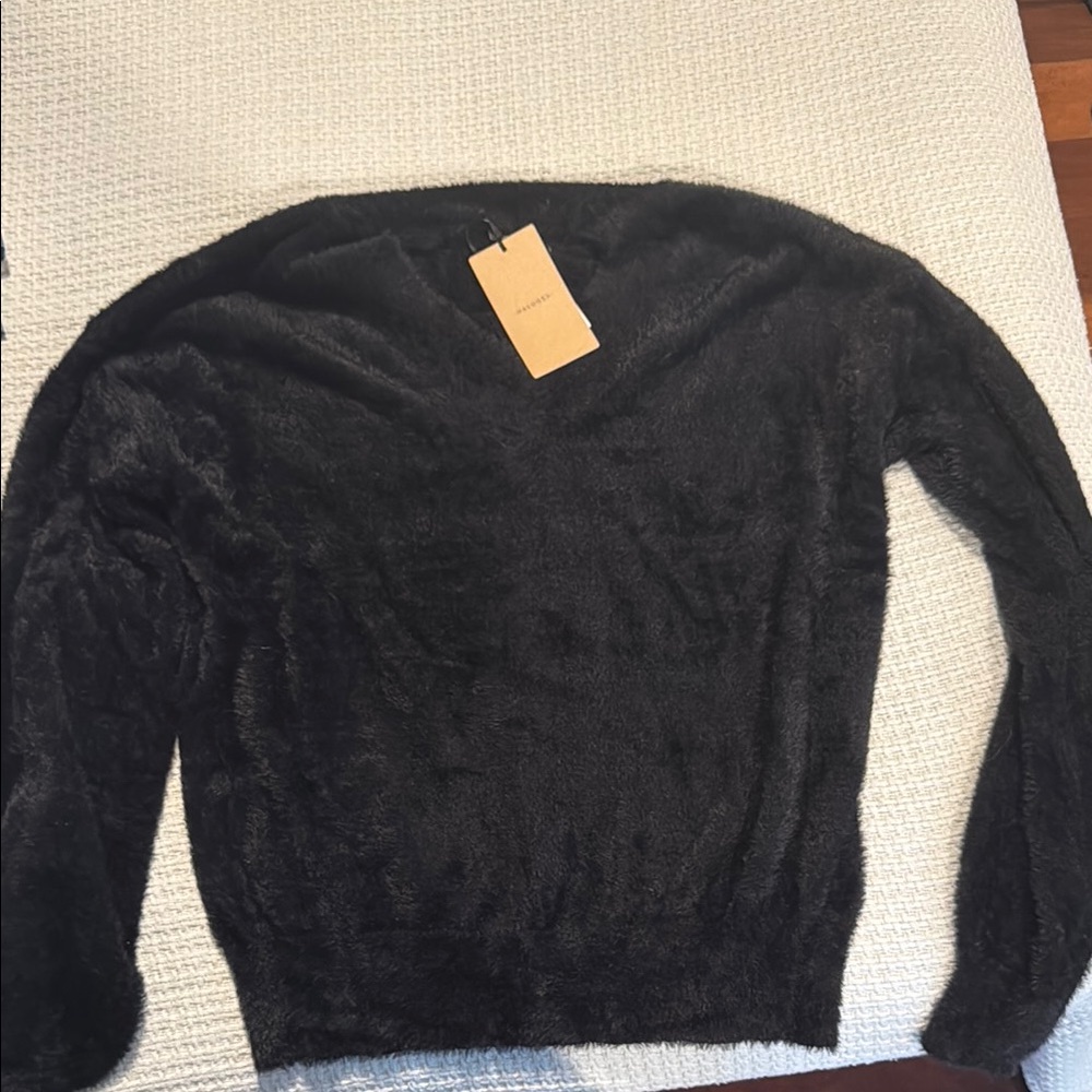 Halogen Black Fuzzy V-Neck Sweater